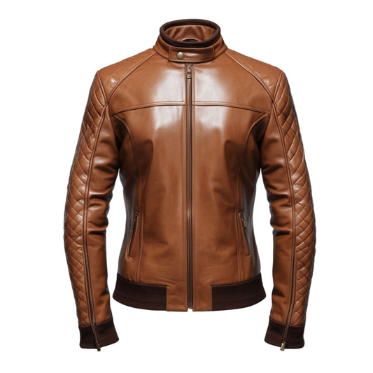 Brown Real Leather Biker Jacket Quilted Sleeves Stand Collar Slim Fit Cafe Racer