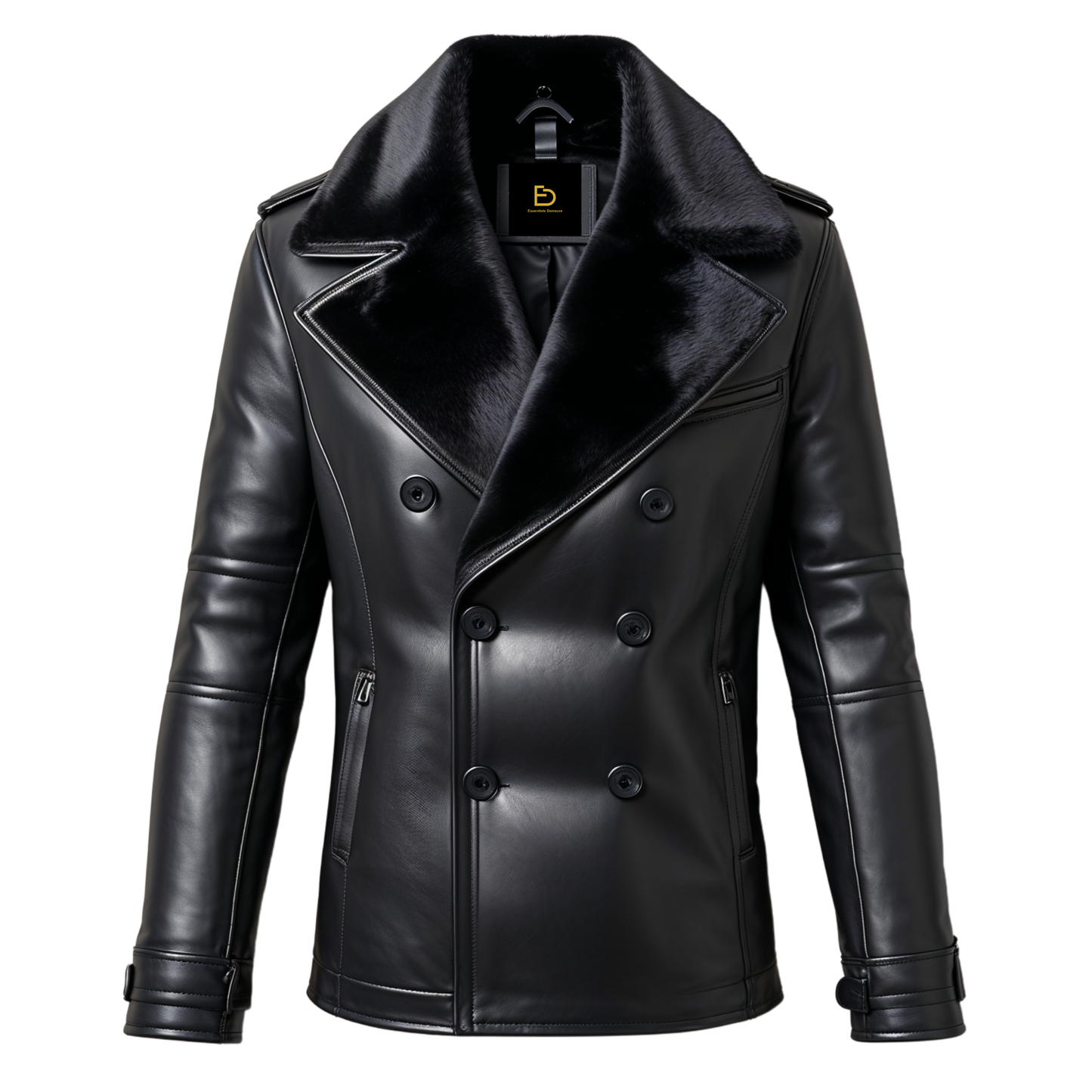Men Real Leather Black Double Breasted Jacket Fur Wide Collar Button Front Winter Warmth Timeless Elegance