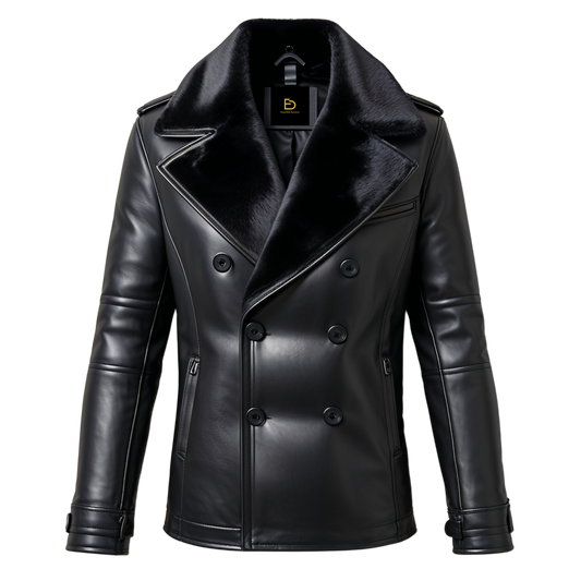 Men Real Leather Black Double Breasted Jacket Fur Wide Collar Button Front Winter Warmth Timeless Elegance
