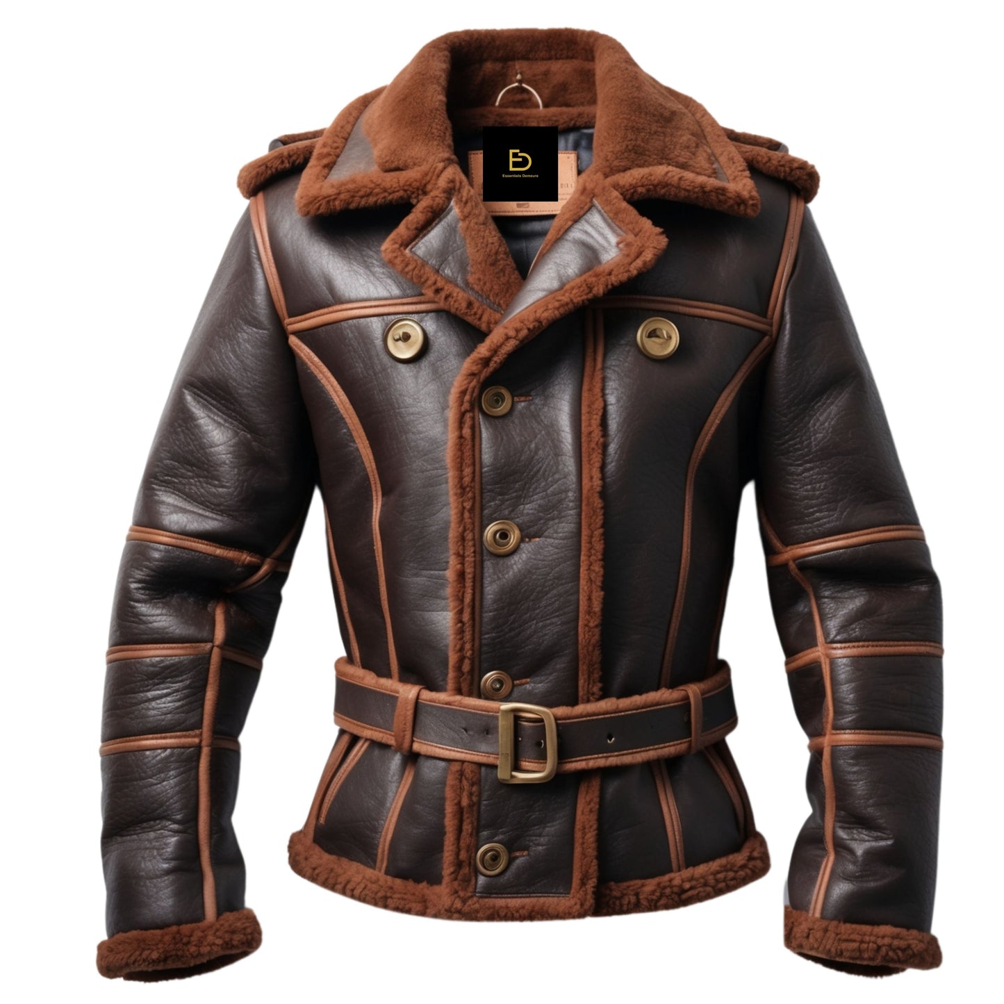 Men's Real Leather Shearling Lined Jacket: Double Breasted, Belted Waist, Winter Warmth