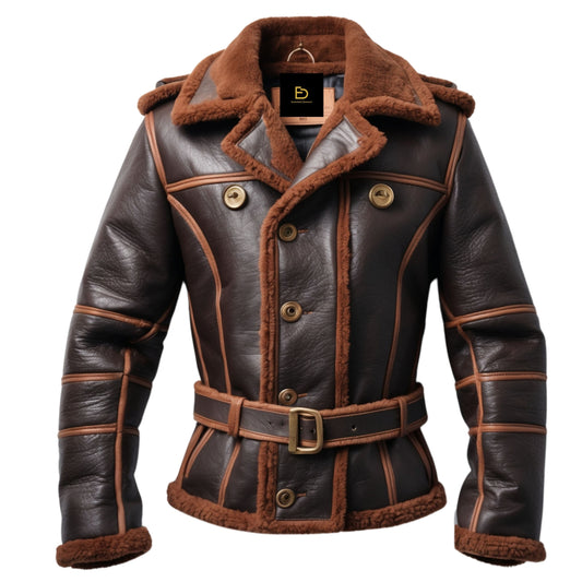 Men's Real Leather Shearling Lined Jacket: Double Breasted, Belted Waist, Winter Warmth