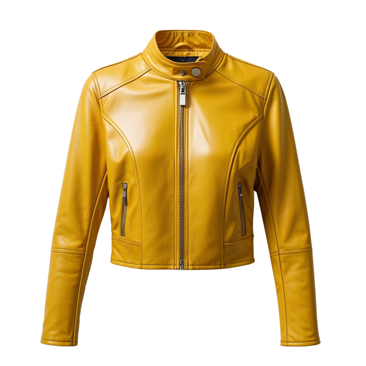 Womens Yellow Real Leather Cropped Moto Jacket – Biker Style Outerwear