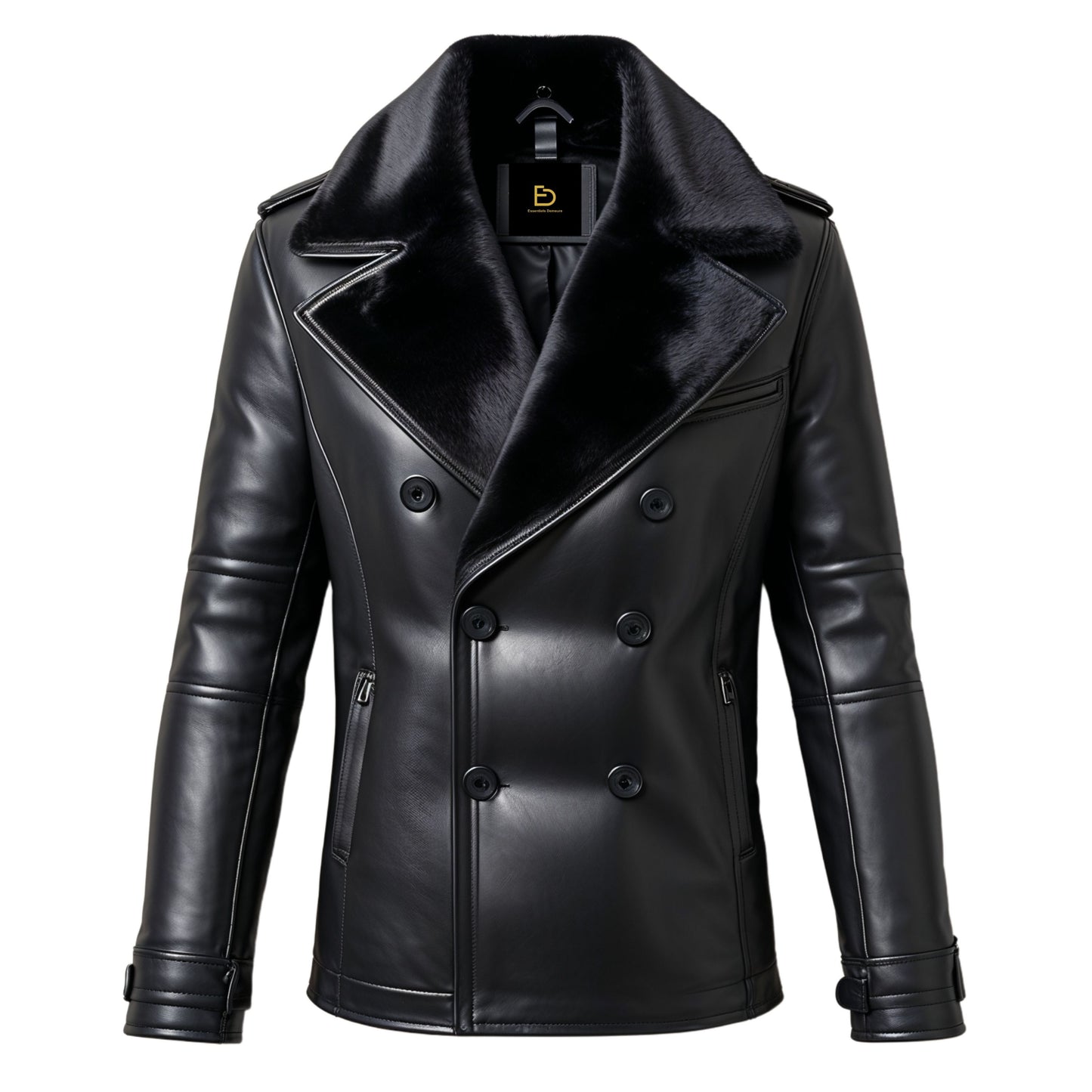 Men's Black Double Breasted Leather Jacket with Faux Fur Collar – Winter Warmth Elegance