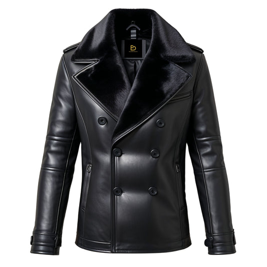 Men's Black Double Breasted Leather Jacket with Faux Fur Collar – Winter Warmth Elegance