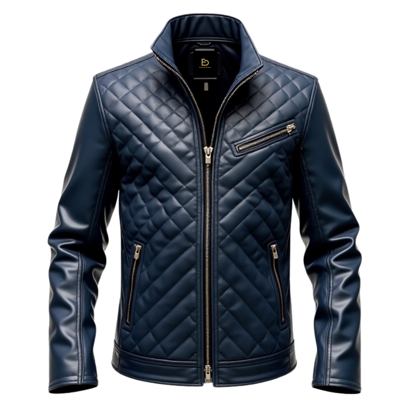 Men's Navy Blue Quilted Leather Jacket: Diamond Stitching, Zipper Pockets, Evening Wear