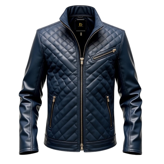 Men's Navy Blue Quilted Leather Jacket: Diamond Stitching, Zipper Pockets, Evening Wear