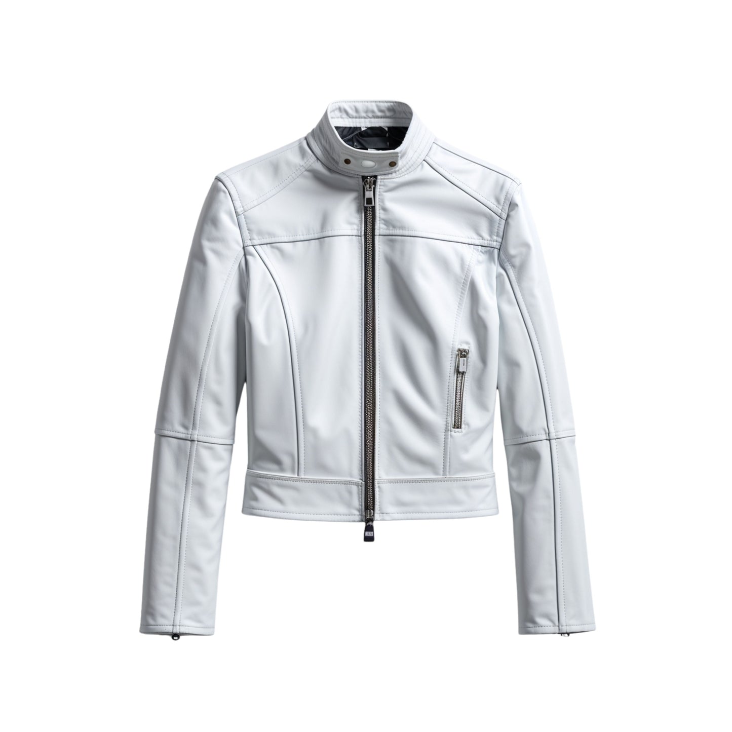 Womens White Leather Cropped Moto Jacket – Slim Fit Fashion Outerwear