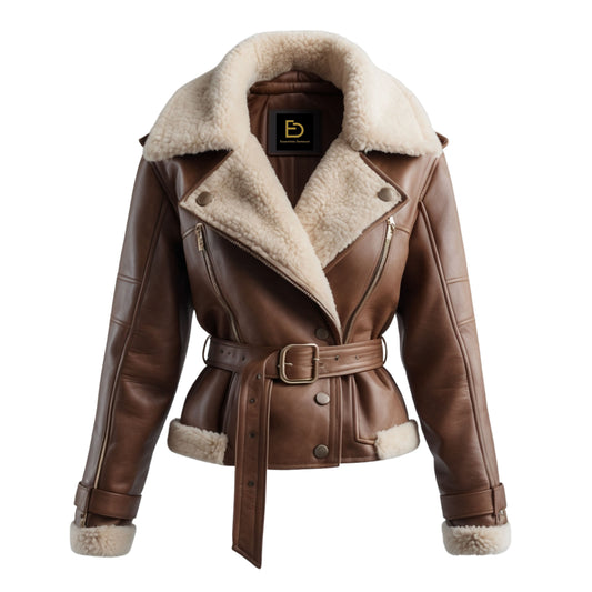 Women's Genuine Leather Shearling Aviator Jacket – Chocolate Brown B3 Bomber Style Outerwear