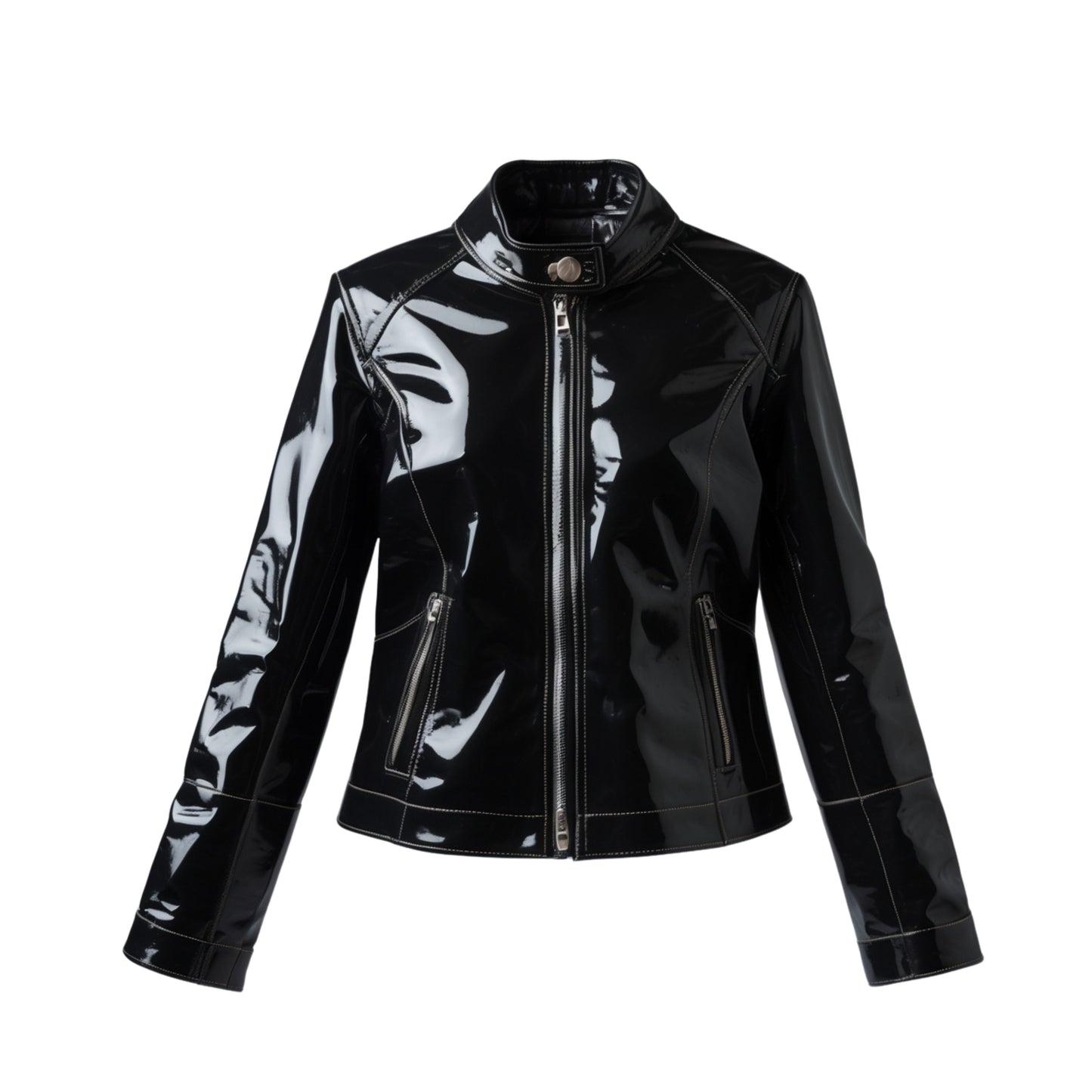 Black Patent Leather Cafe Racer Jacket: Glossy Slim Fit Streetwear Coat