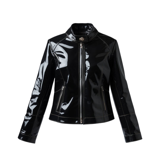 Black Patent Leather Cafe Racer Jacket: Glossy Slim Fit Streetwear Coat