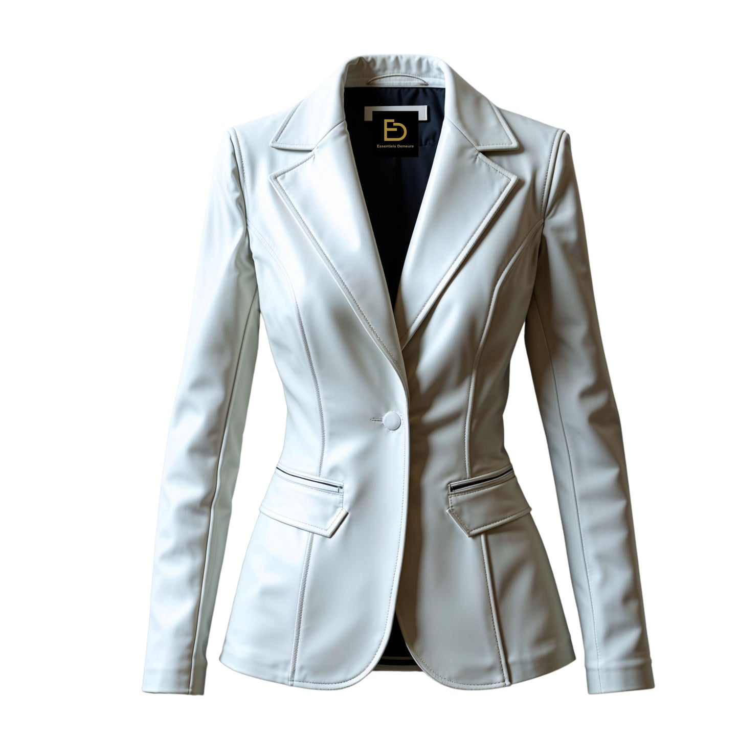 Women's Ivory Real Leather Blazer Jacket – Slim Fit Notched Lapel Tailored Outerwear