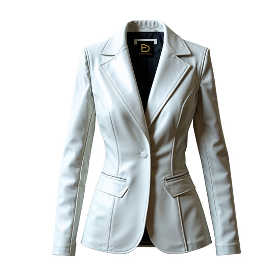 Women's Ivory Real Leather Blazer Jacket – Slim Fit Notched Lapel Tailored Outerwear