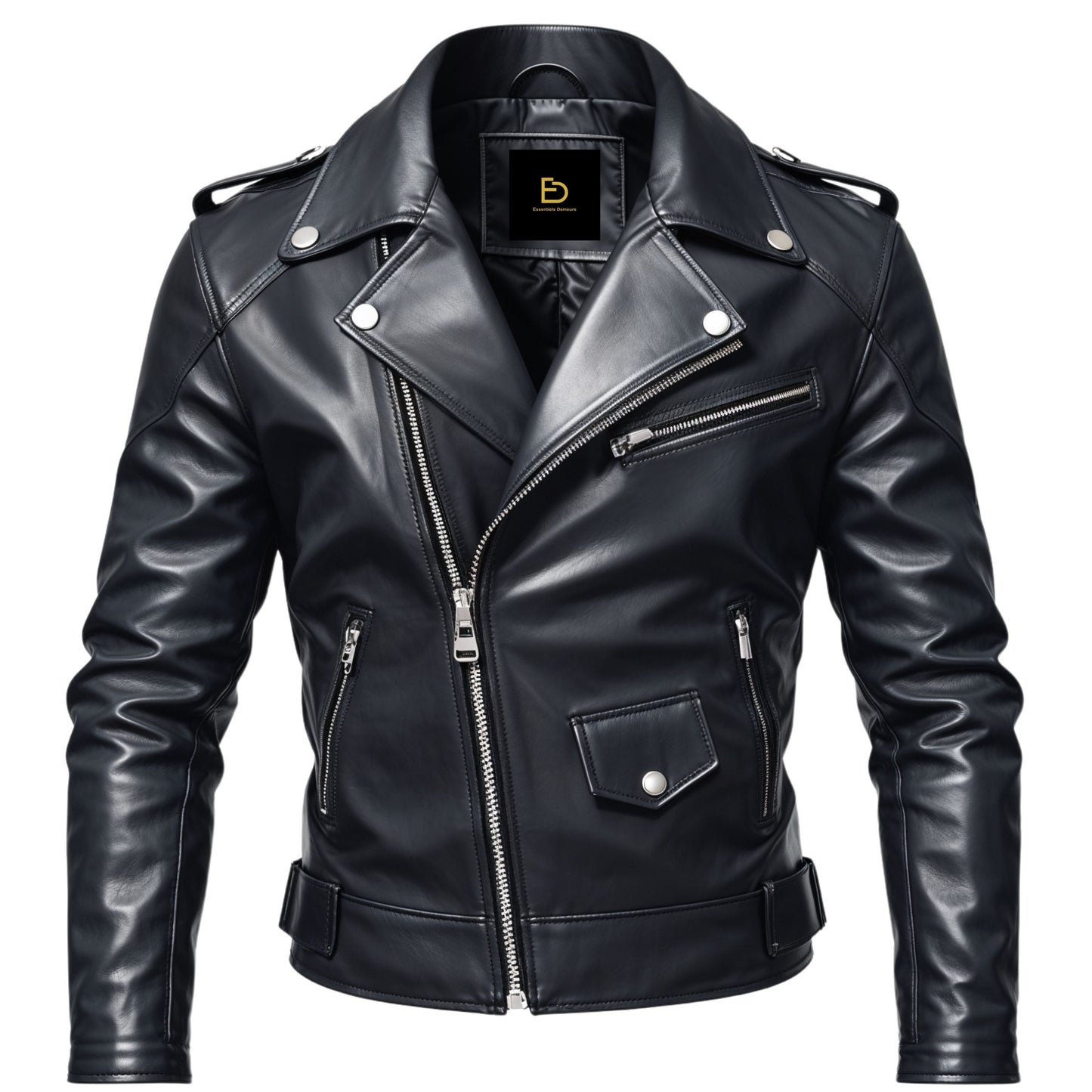 Men's Black Real Leather Biker Jacket with Silver Hardware, Casual Wear