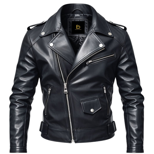 Men's Black Real Leather Biker Jacket with Silver Hardware, Casual Wear