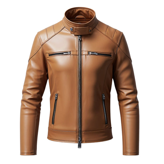 Men's Tan Real Leather Moto Jacket with Stand Collar and Zipper Pockets