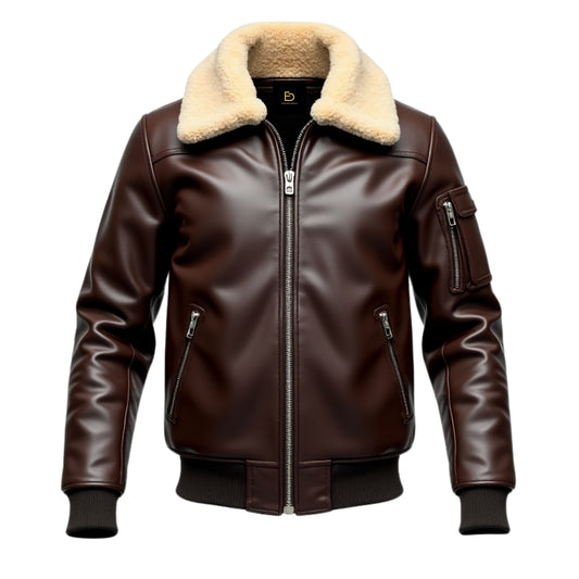 Men's Brown Leather Bomber Jacket with Shearling Collar – Classic Aviator Style