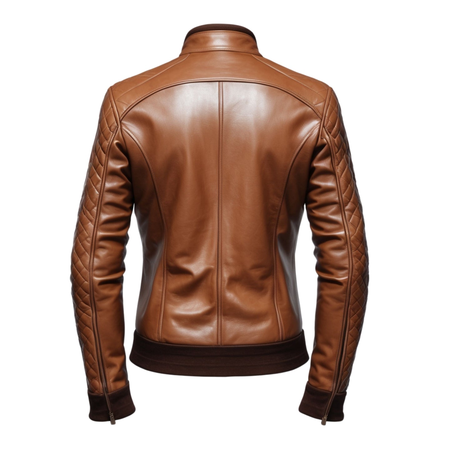 Brown Real Leather Biker Jacket Quilted Sleeves Stand Collar Slim Fit Cafe Racer