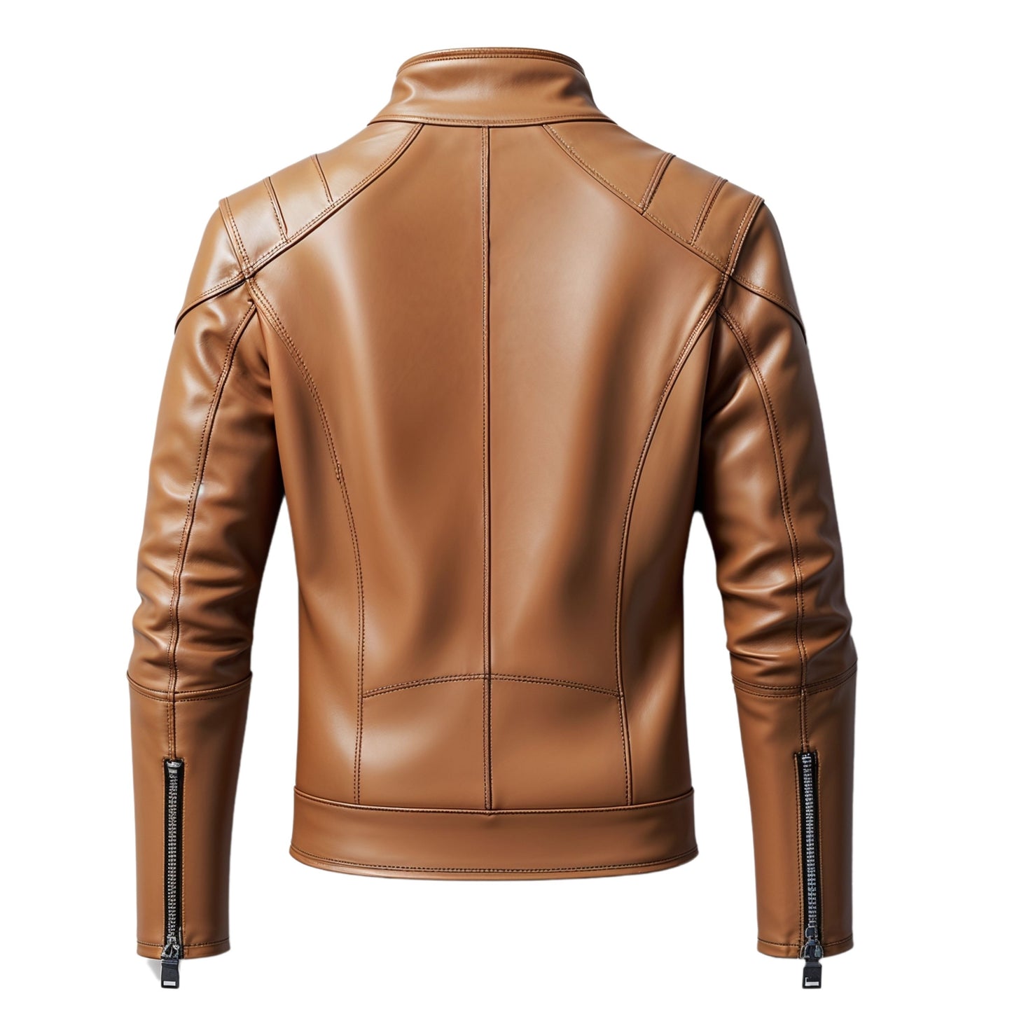 Men's Tan Real Leather Moto Jacket with Stand Collar and Zipper Pockets