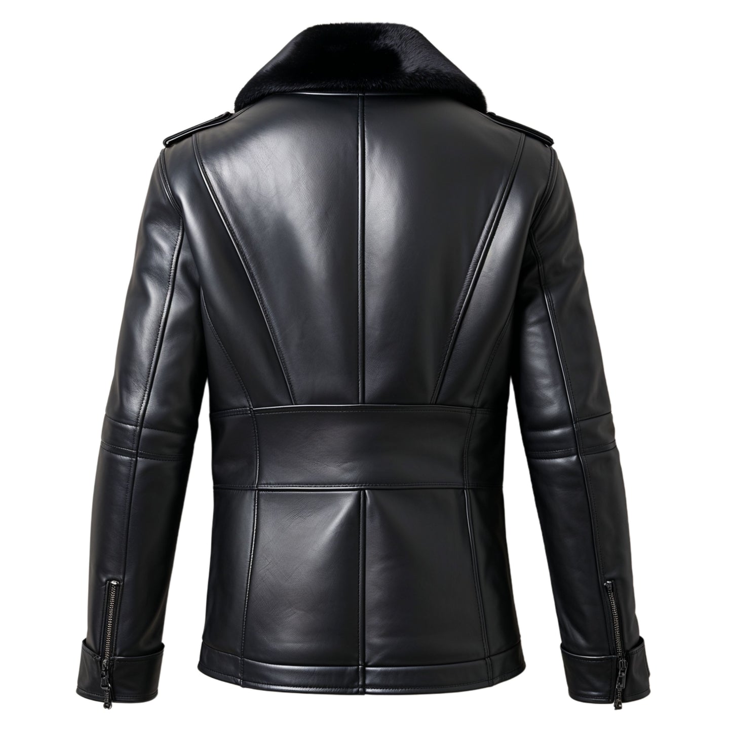 Men's Black Double Breasted Leather Jacket with Faux Fur Collar – Winter Warmth Elegance