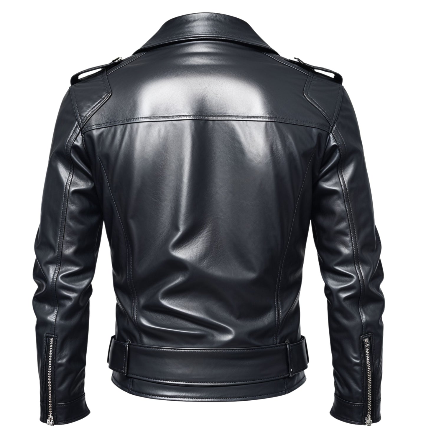 Men's Black Real Leather Biker Jacket with Silver Hardware, Casual Wear