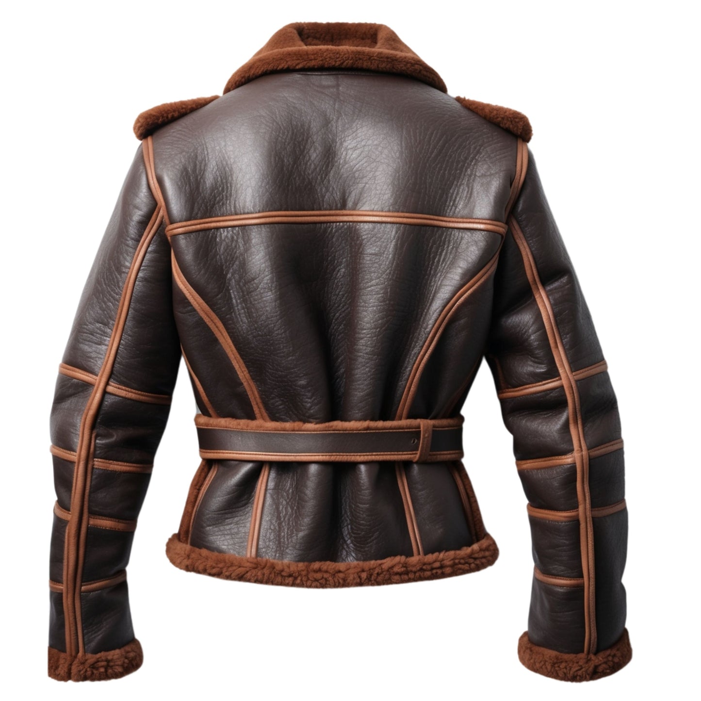 Men's Real Leather Shearling Lined Jacket: Double Breasted, Belted Waist, Winter Warmth