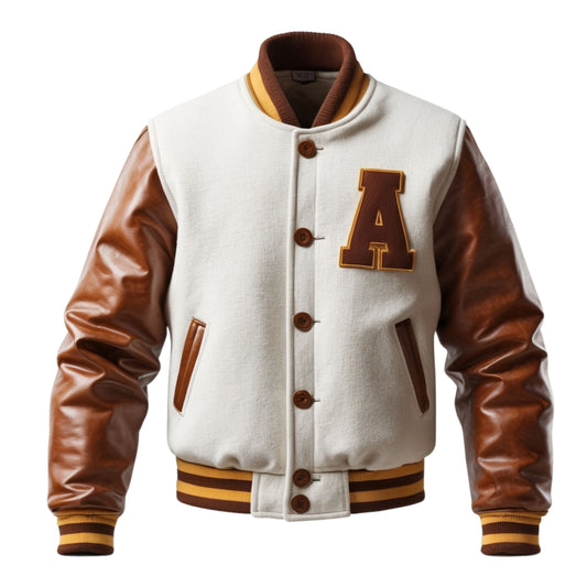 Men's White Wool Varsity Jacket with Brown Leather Sleeves – Retro Button Style