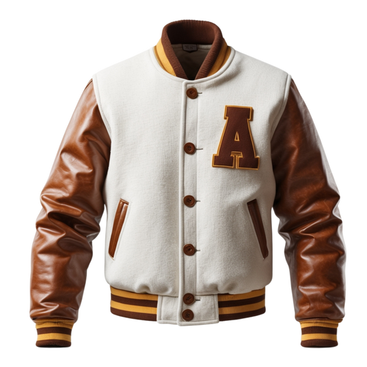 Mens Varsity Jacket White Wool Body Brown Real Leather Sleeves Retro Style Button Closure Rib Knit Cuffs