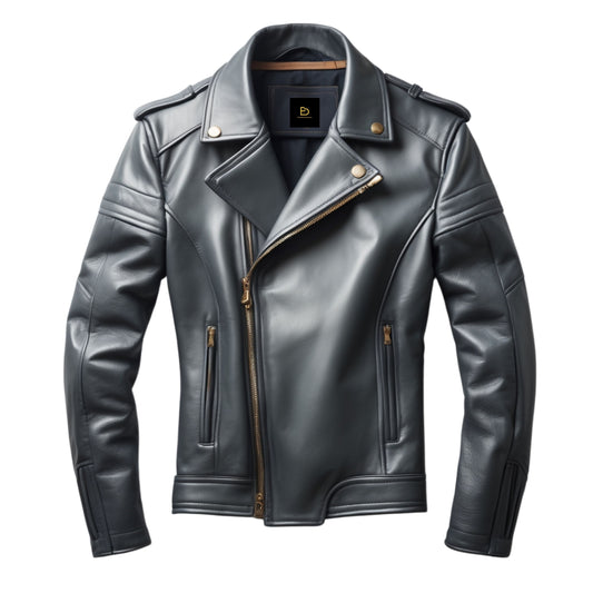 Men Black Real Leather Biker Jacket Asymmetrical Zipper Front Epaulet Shoulder Detailing Modern Fashion