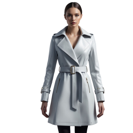 Women's Real Leather Trench Coat: Light Blue Grey Belted Knee Length Outerwear