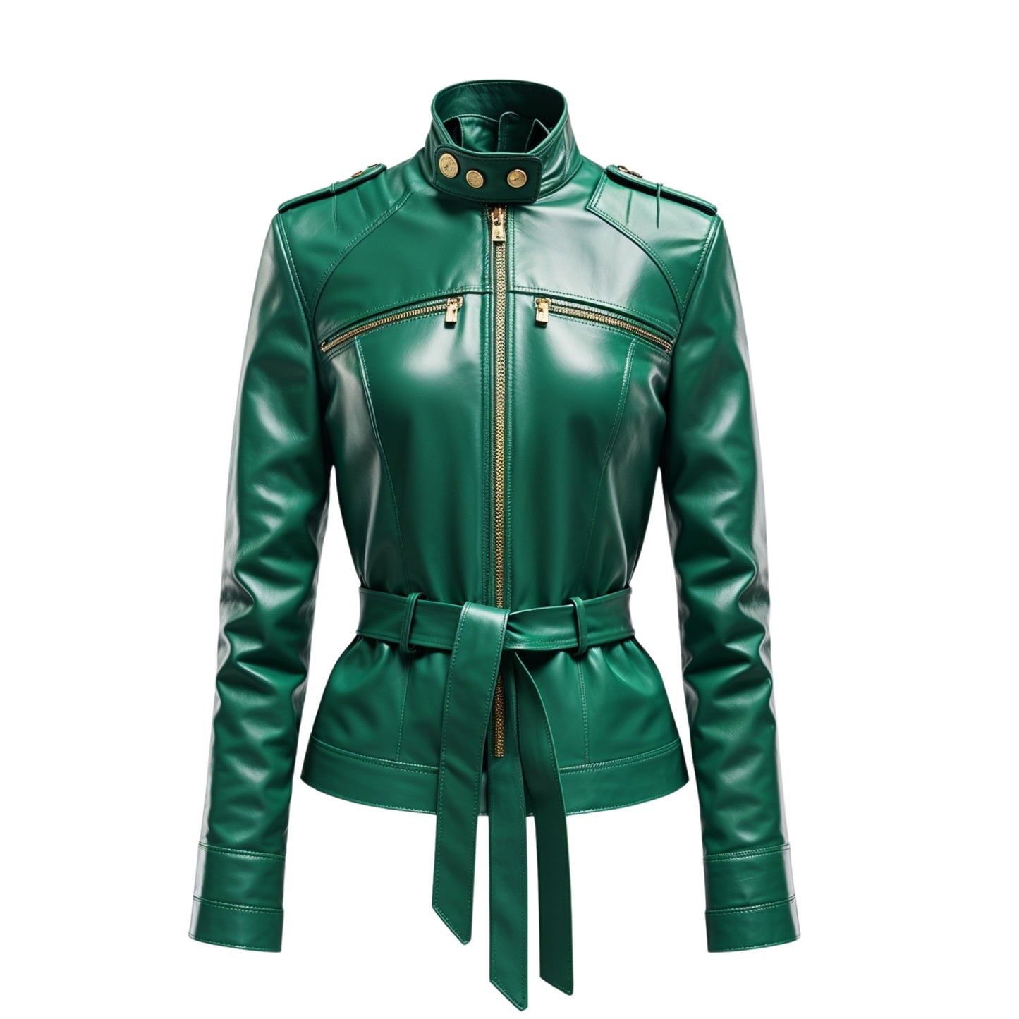 Emerald Green Leather Belted Moto Jacket with Gold Hardware