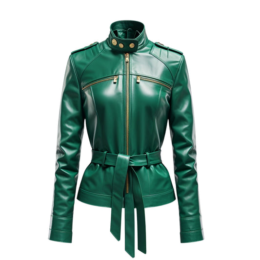 Emerald Green Leather Belted Moto Jacket with Gold Hardware