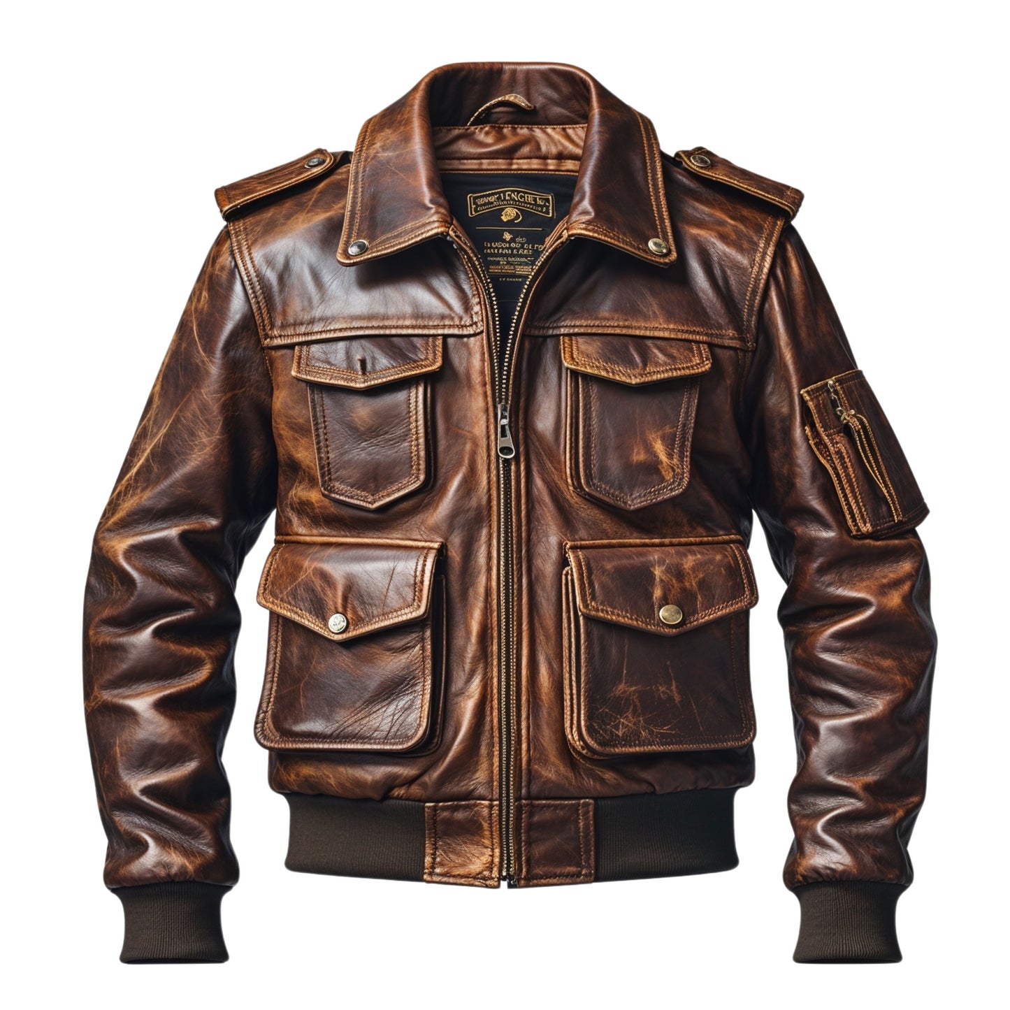 Men's Brown Real Leather Bomber Jacket with Shoulder Epaulettes and Multiple Pockets