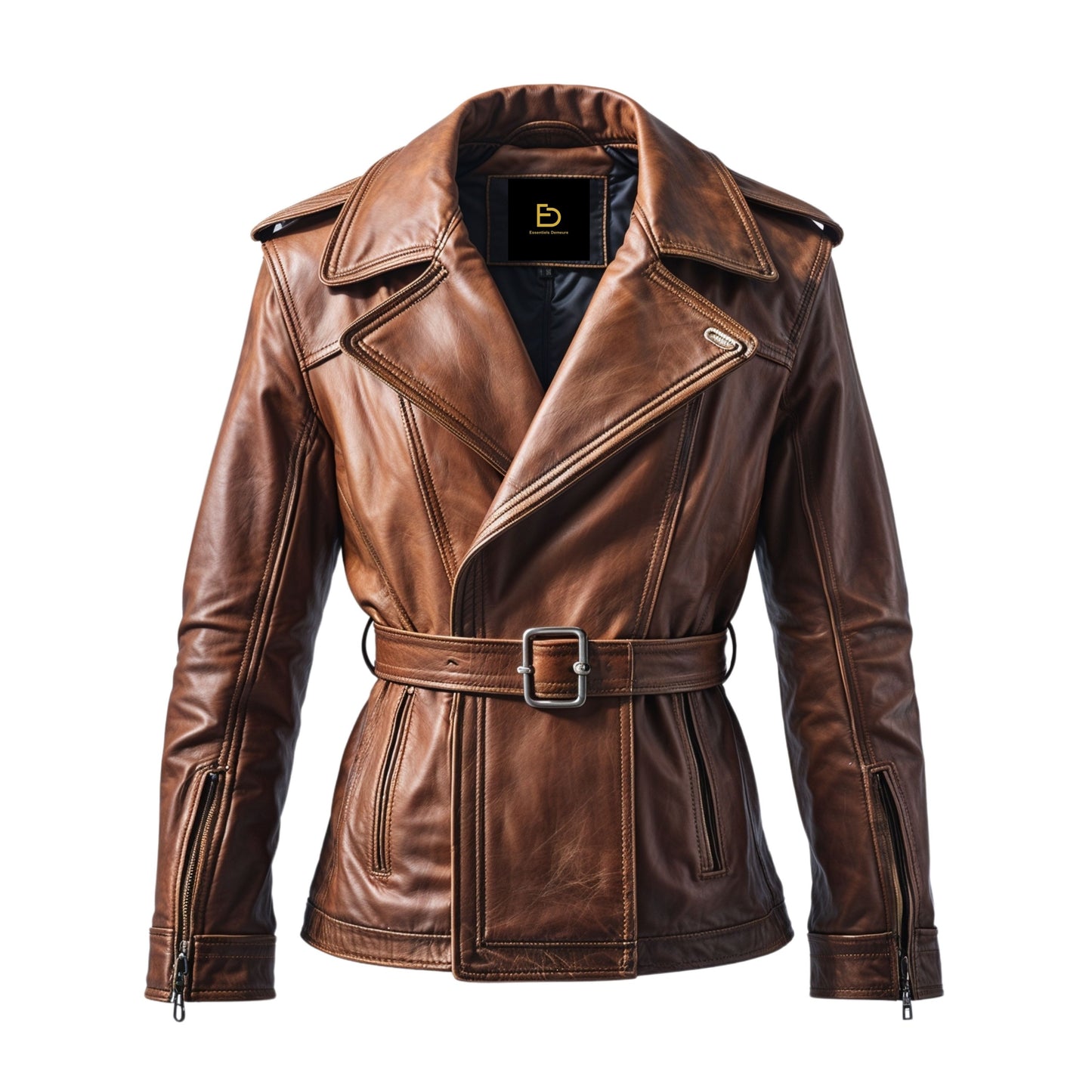 Men's Brown Leather Belted Jacket: Wide Lapel, Zippered Cuffs, Timeless Style