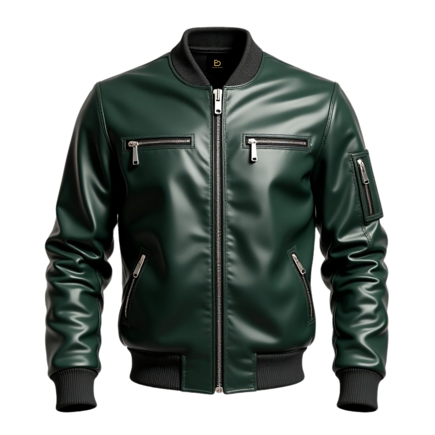 Men's Green Real Leather Bomber Jacket with Ribbed Cuffs, Motorcycle Style