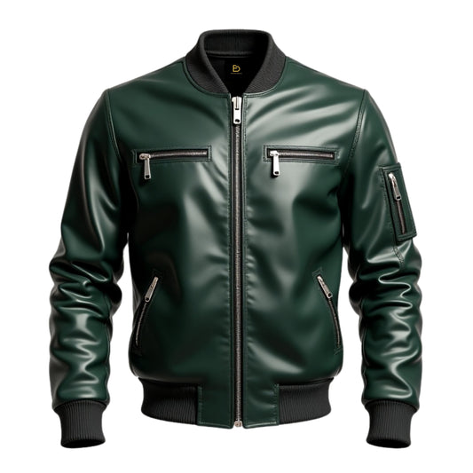 Men's Green Real Leather Bomber Jacket with Ribbed Cuffs, Motorcycle Style