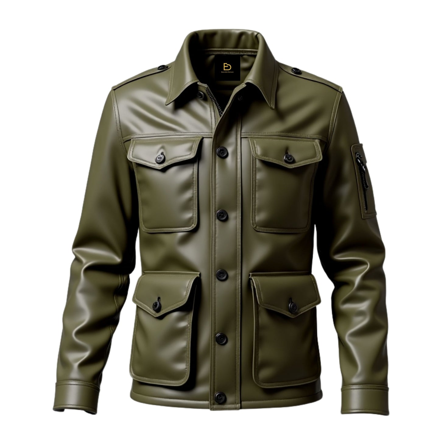 Men's Olive Green Real Leather Field Jacket – Timeless Utility Pockets Button Front
