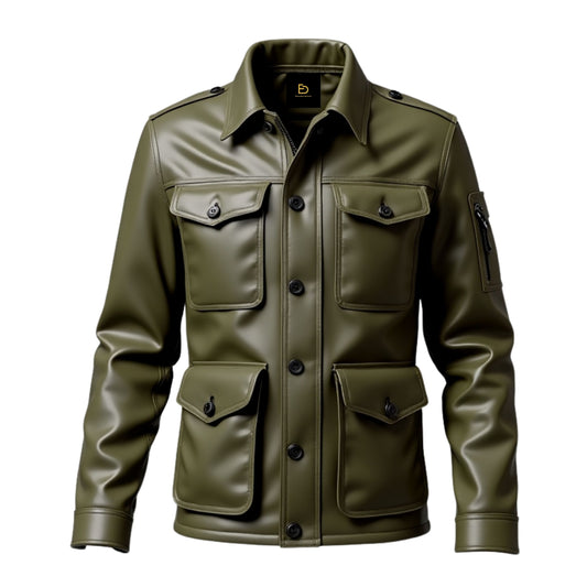 Men's Olive Green Real Leather Field Jacket – Timeless Utility Pockets Button Front