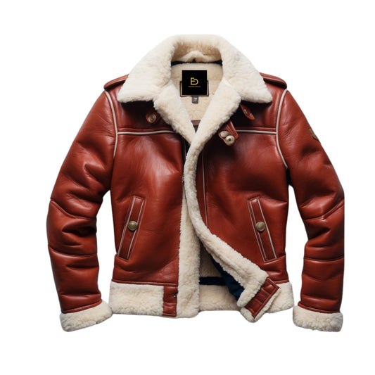 Classic Leather Shearling Jacket Plush Fleece Lining Front Button Closure Stylish Aviator Winter Collar
