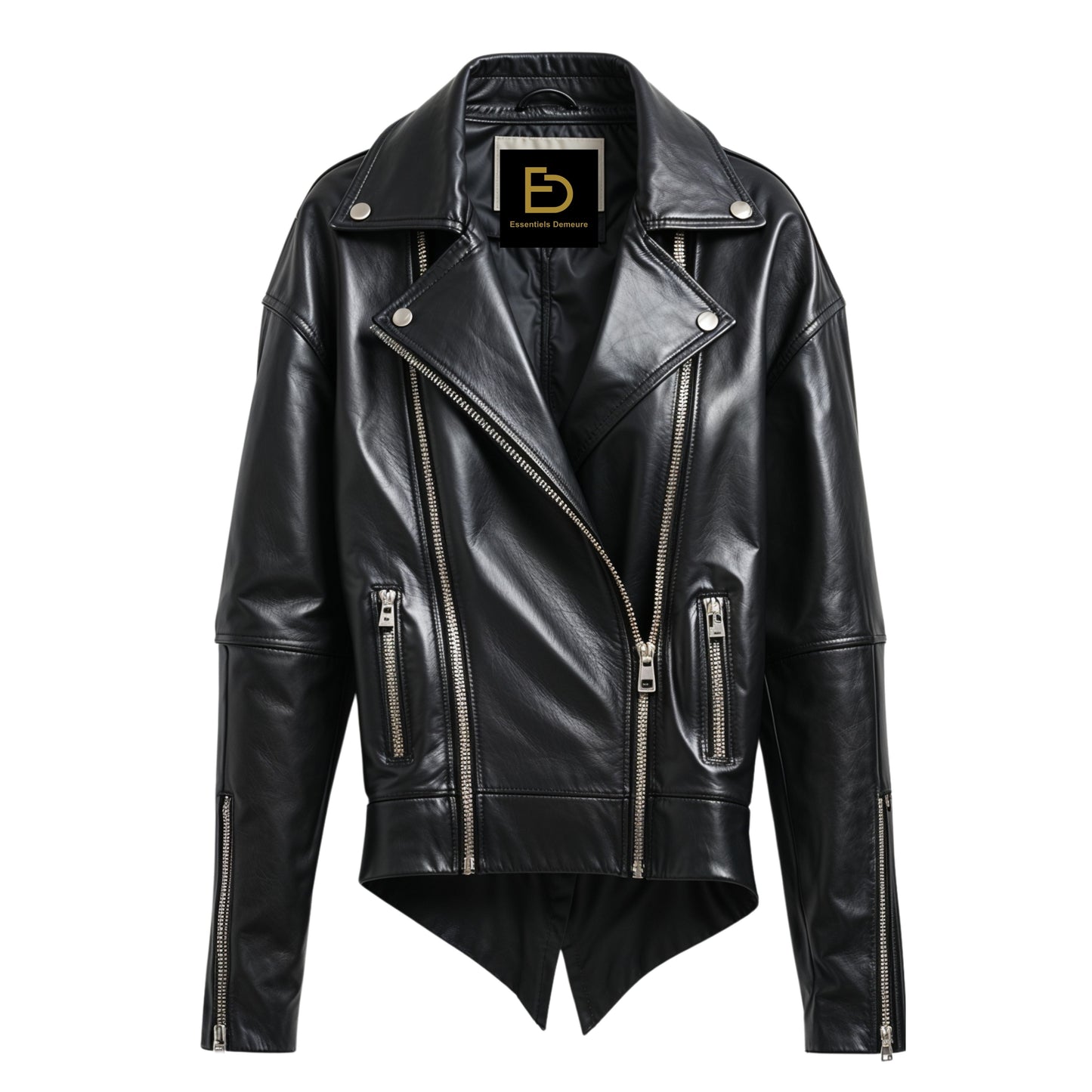 Black Real Leather Moto Jacket: Oversized Biker Style, Asymmetric Zip Streetwear Coat