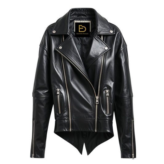 Black Real Leather Moto Jacket: Oversized Biker Style, Asymmetric Zip Streetwear Coat