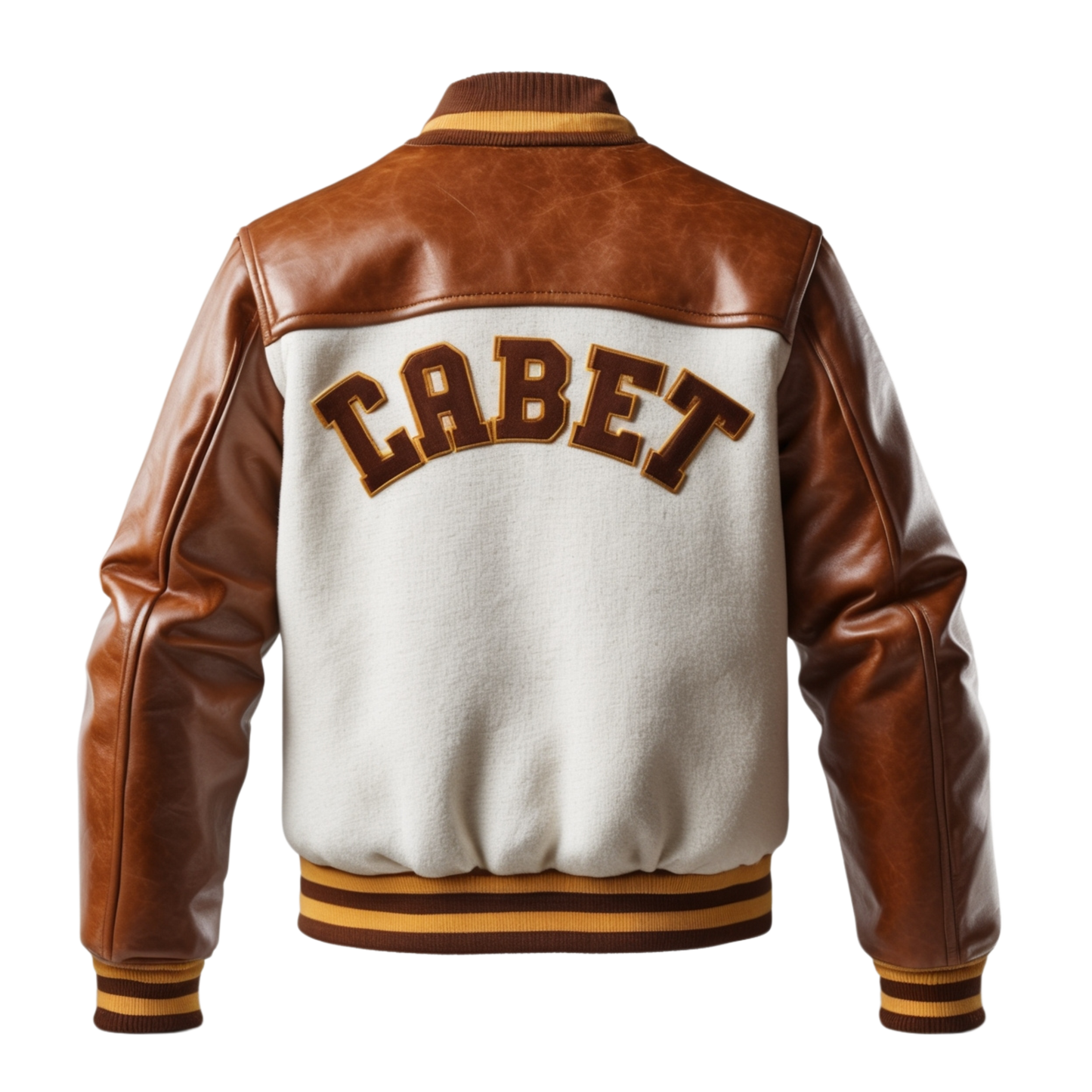 Mens Varsity Jacket White Wool Body Brown Real Leather Sleeves Retro Style Button Closure Rib Knit Cuffs