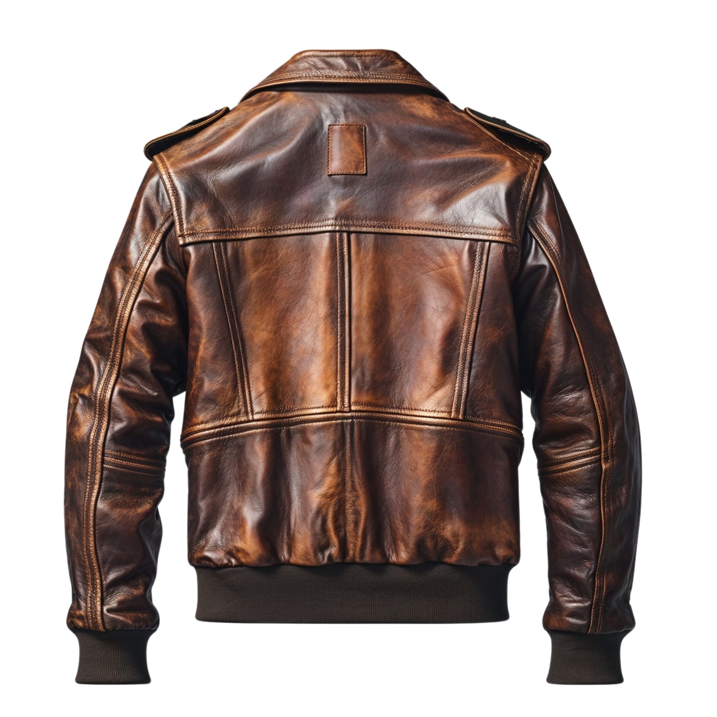 Men's Brown Real Leather Bomber Jacket with Shoulder Epaulettes and Multiple Pockets