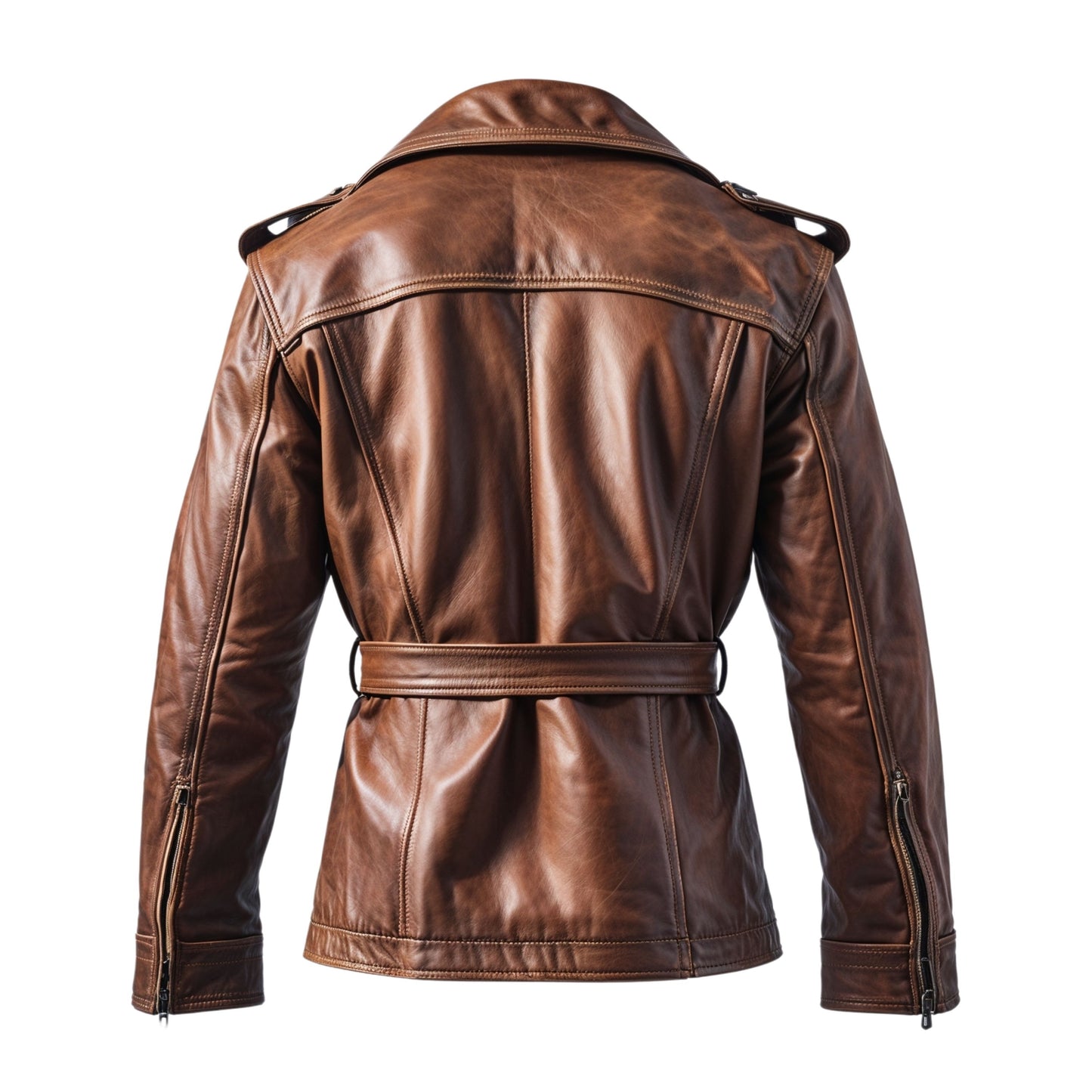 Men's Brown Leather Belted Jacket: Wide Lapel, Zippered Cuffs, Timeless Style