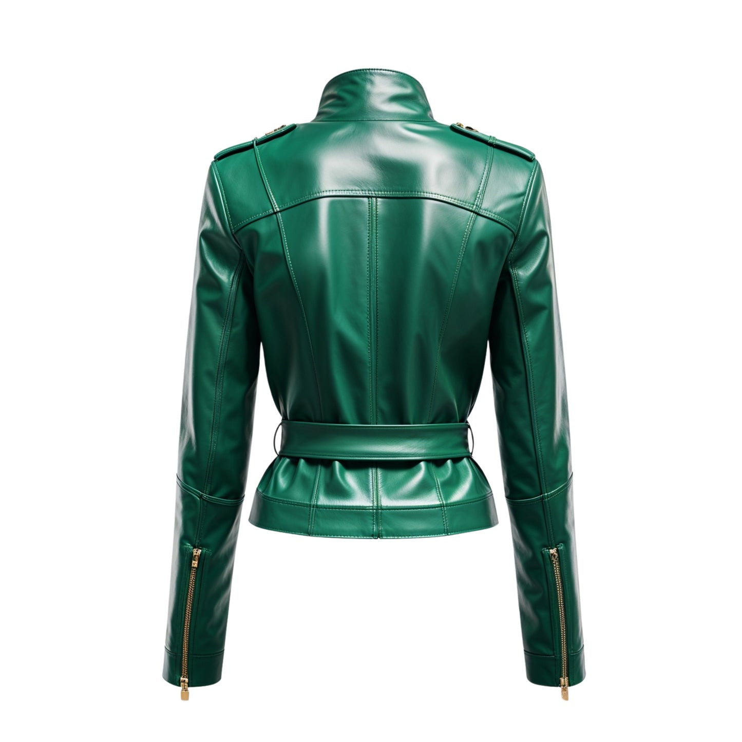 Emerald Green Leather Belted Moto Jacket with Gold Hardware
