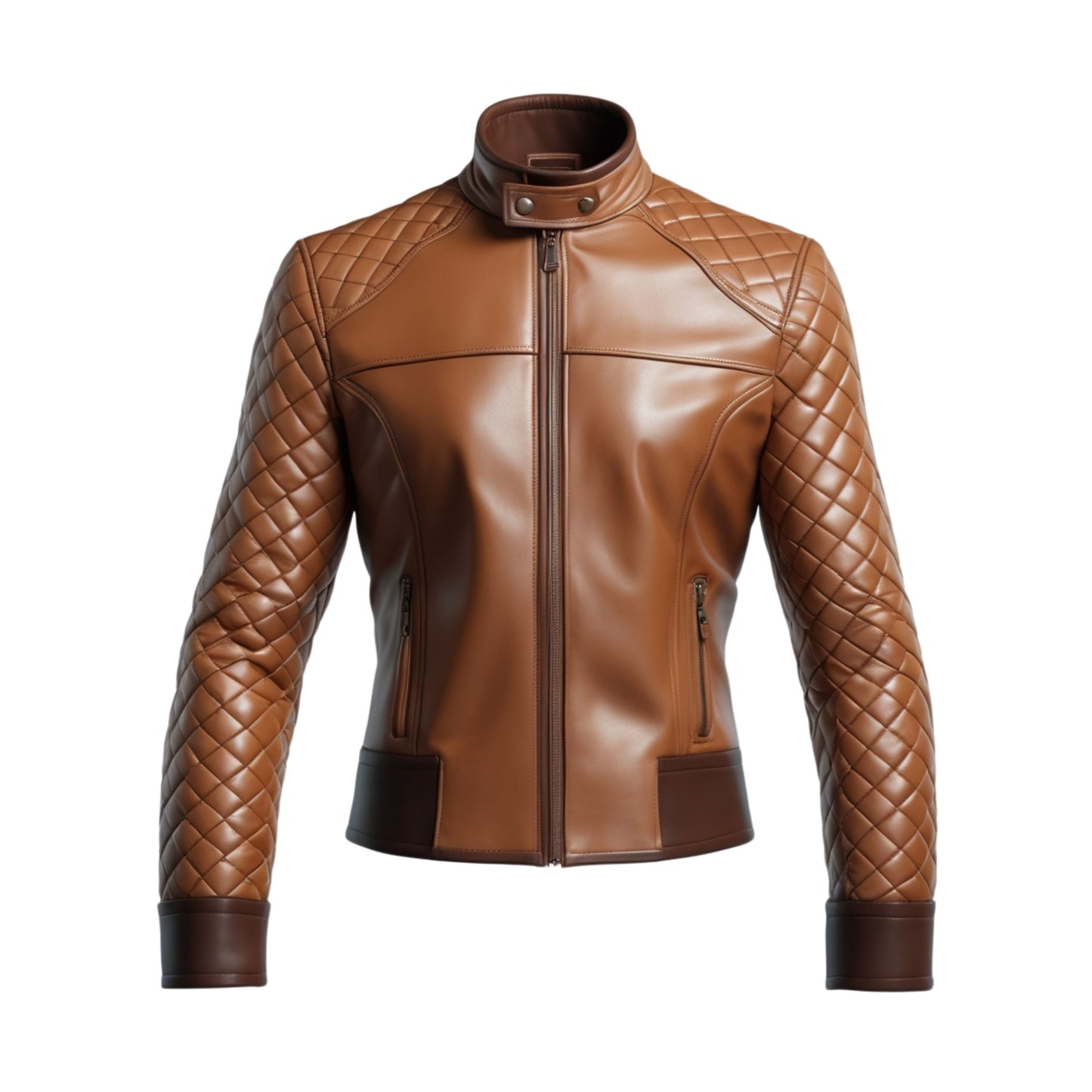 Men's Brown Quilted Leather Biker Jacket – Stand Collar Zip Front Slim Fit