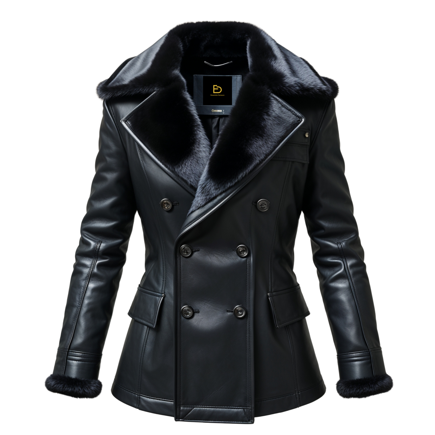 Mens Black Real Leather Double Breasted Jacket Fur Collar Cuffs Premium Warmth Sophisticated Winter Style