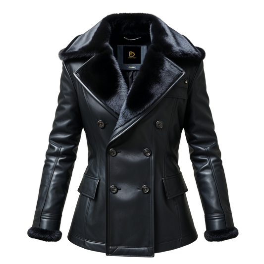 Mens Black Real Leather Double Breasted Jacket Fur Collar Cuffs Premium Warmth Sophisticated Winter Style