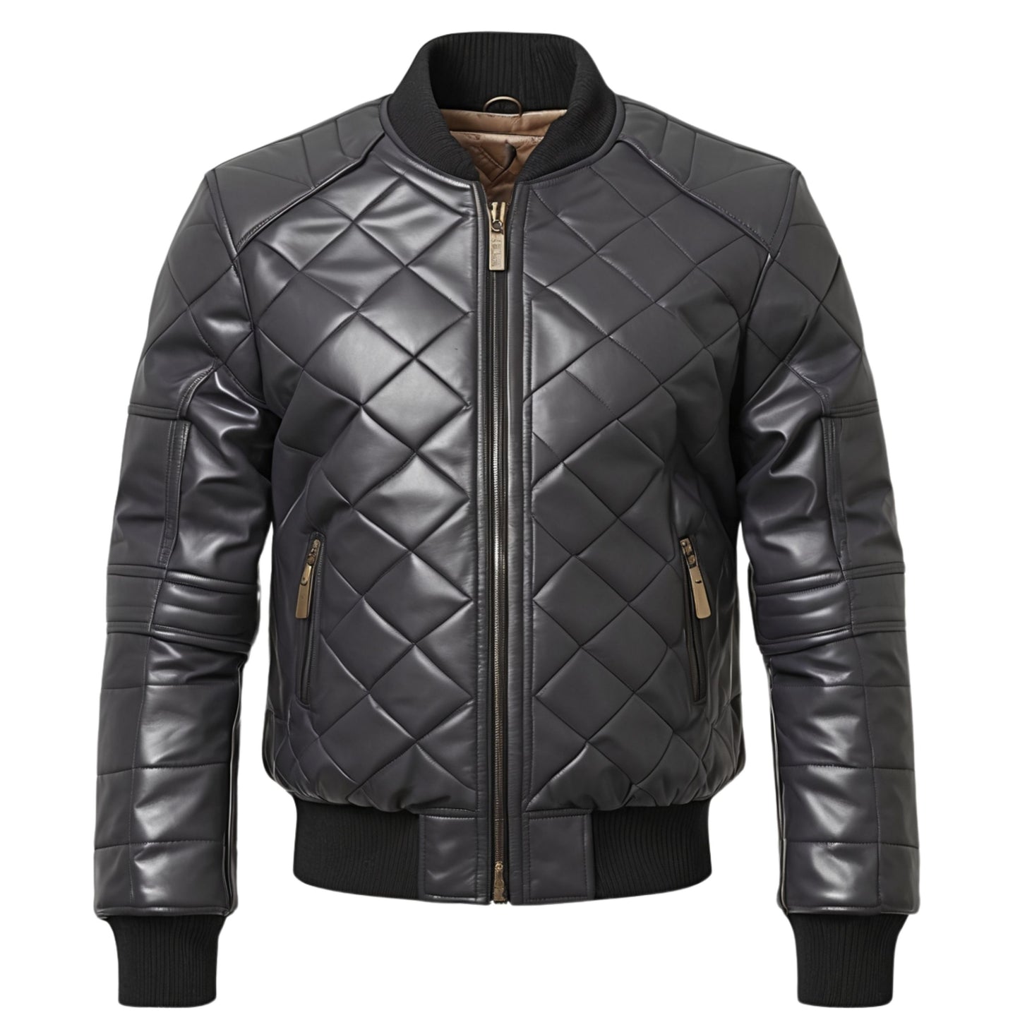Quilted Real Leather Bomber Jacket: Zipper Pockets, Ribbed Cuffs, Casual Wear