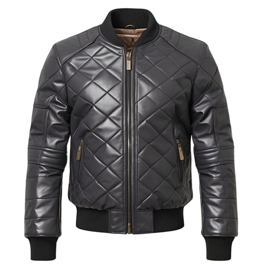 Quilted Real Leather Bomber Jacket: Zipper Pockets, Ribbed Cuffs, Casual Wear