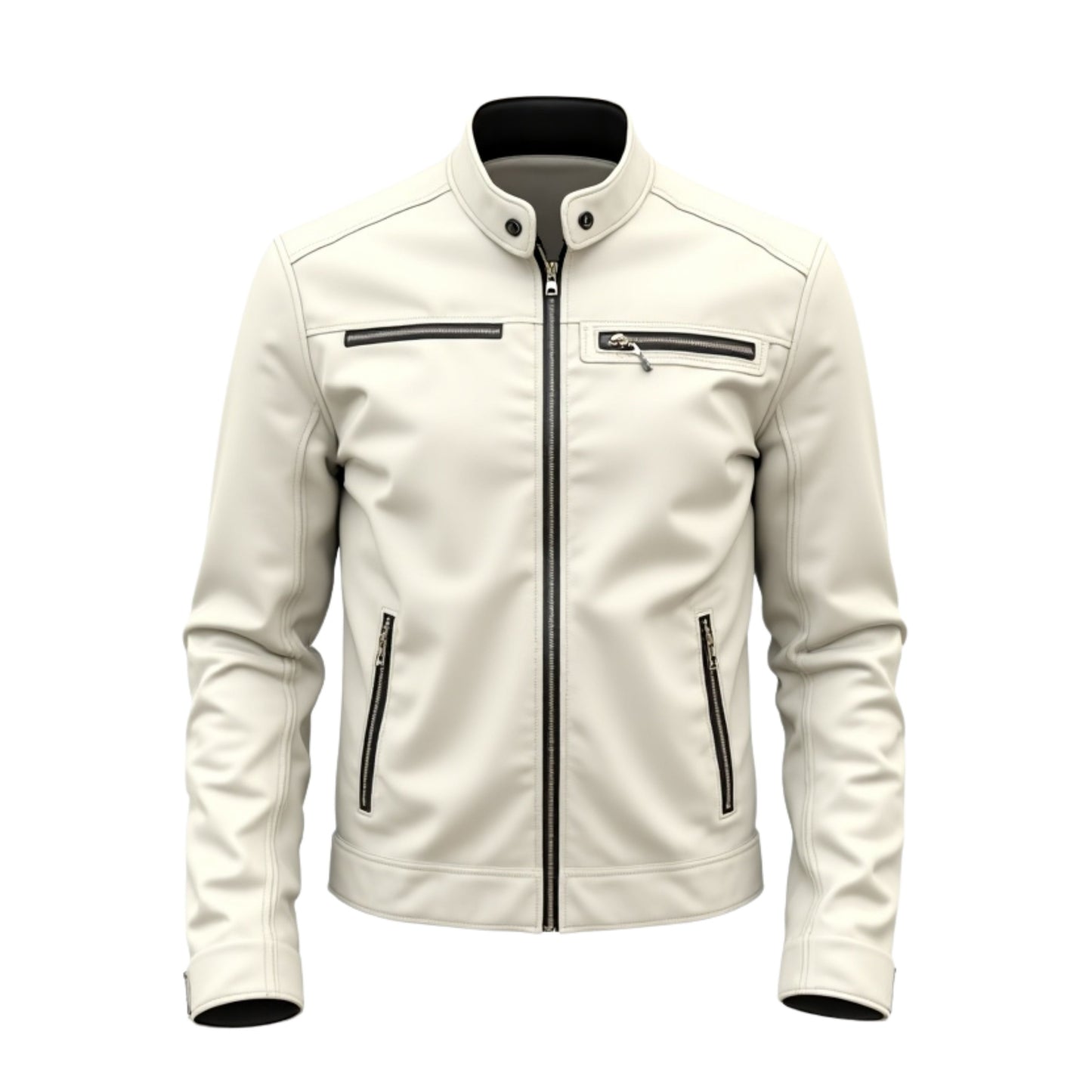 Men's White Real Leather Racer Jacket – Stand Collar Urban Motorcycle Style
